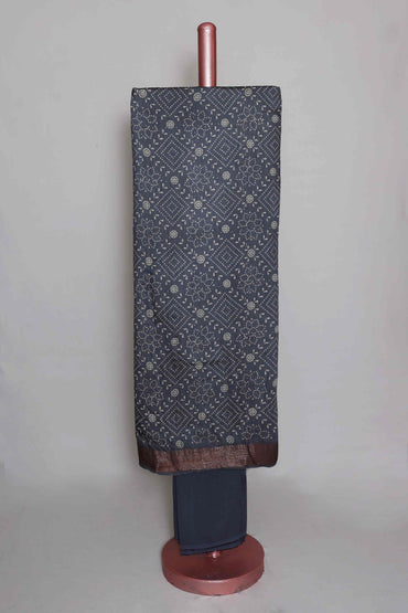 GREY PRINTED TUSSAR SILK  ZARI BORDER UNSTITCHED SUIT SET