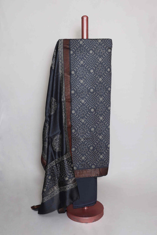 GREY PRINTED TUSSAR SILK  ZARI BORDER UNSTITCHED SUIT SET