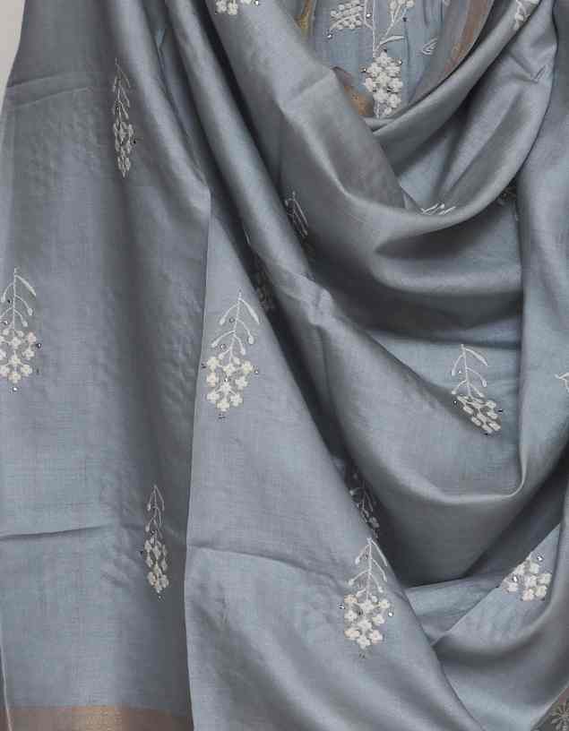 PASTEL BLUE TUSSAR SILK  EMBROIDERED UNSTITCHED  SUIT SET