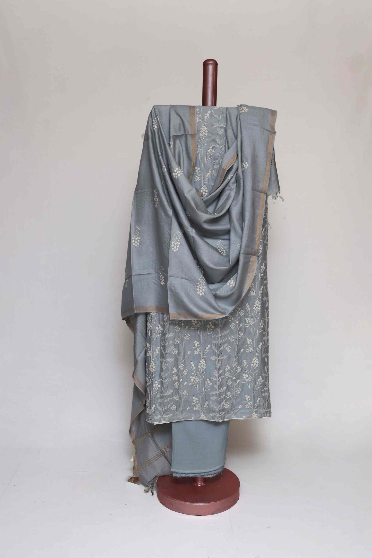 PASTEL BLUE TUSSAR SILK  EMBROIDERED UNSTITCHED  SUIT SET