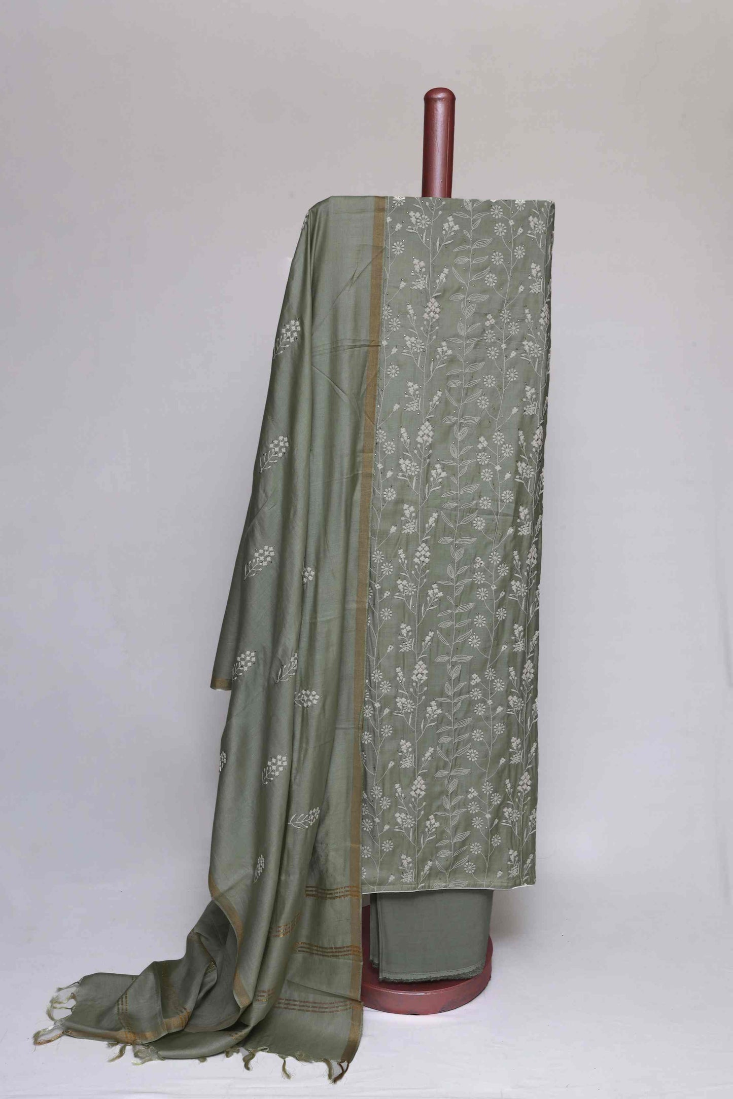 PASTEL GREEN TUSSAR SILK  EMBROIDERED UNSTITCHED  SUIT SET