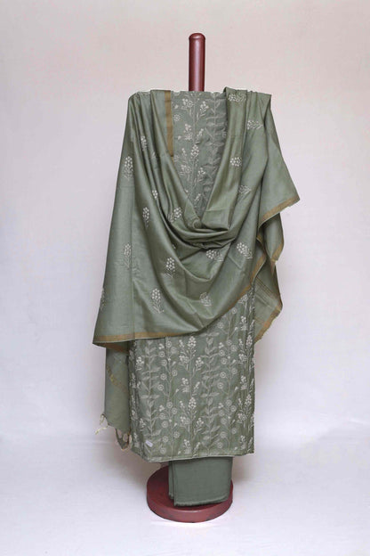 PASTEL GREEN TUSSAR SILK  EMBROIDERED UNSTITCHED  SUIT SET