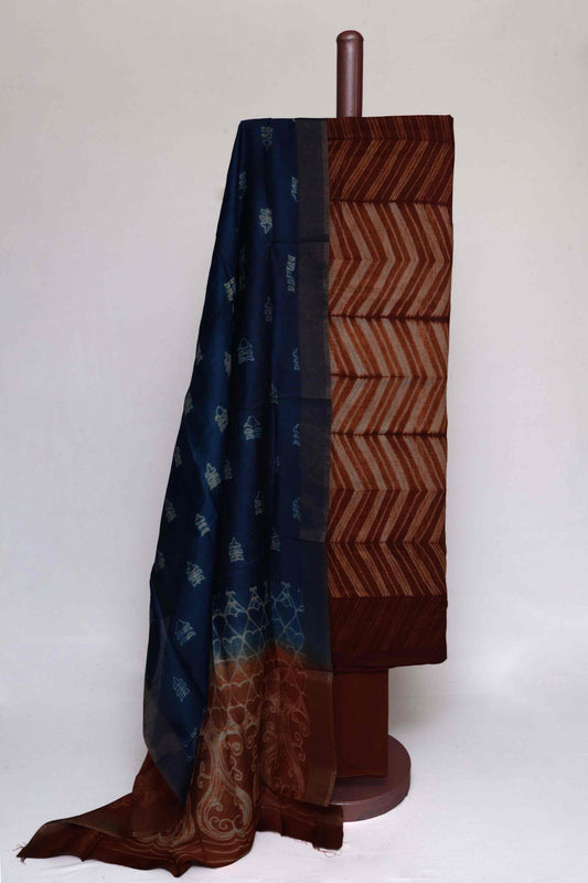 BROWN TIE N DYE TUSSAR SILK  UNSTITCHED SUIT SET WITH  CONTRAST PRINTED DUPATT