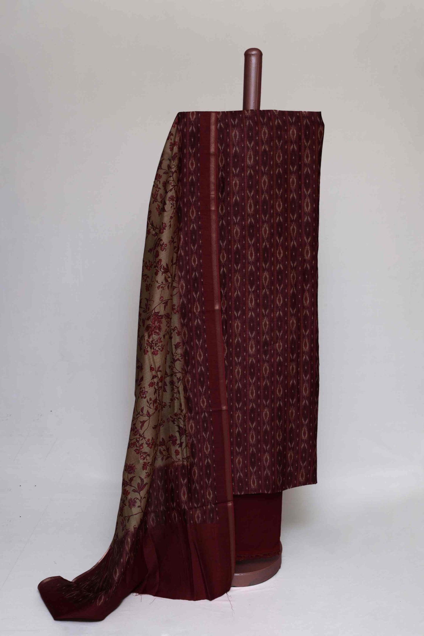 MAROON RED PRINTED TUSSAR SILK  UNSTITCHED SUIT SET