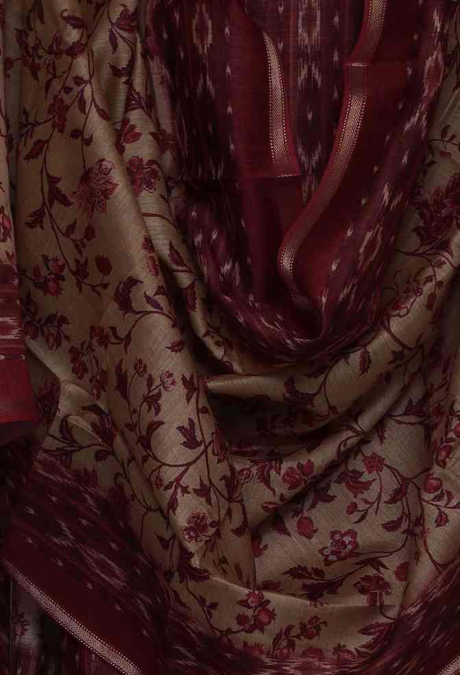 MAROON RED PRINTED TUSSAR SILK  UNSTITCHED SUIT SET