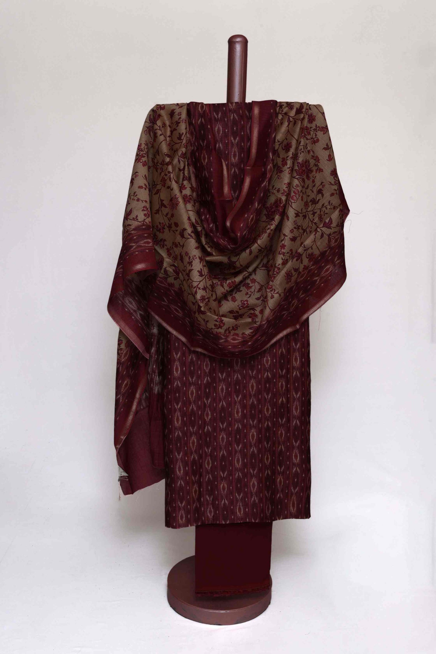 MAROON RED PRINTED TUSSAR SILK  UNSTITCHED SUIT SET