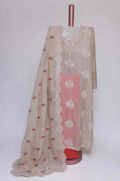 FAWN CHANDERI EMBROIDERED  SEMI STITCHED SUIT SET