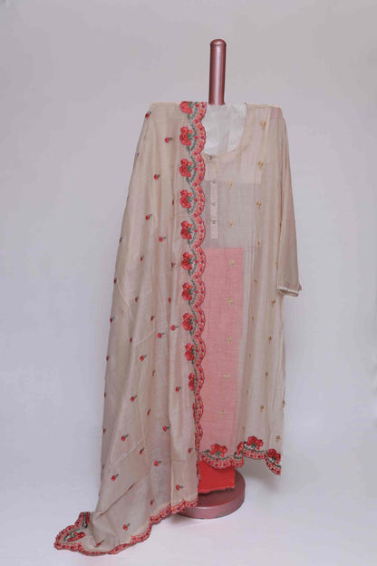 FAWN CHANDERI EMBROIDERED  SEMI STITCHED SUIT SET