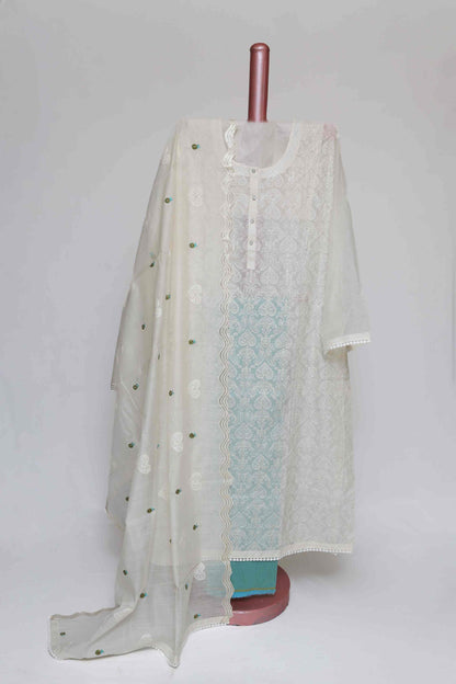 TURQUOISE CHANDERI  EMBROIDERED  SEMI STITCHED SUIT SET