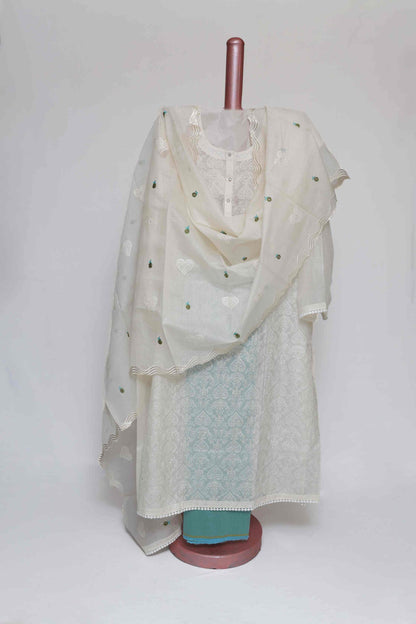 TURQUOISE CHANDERI  EMBROIDERED  SEMI STITCHED SUIT SET