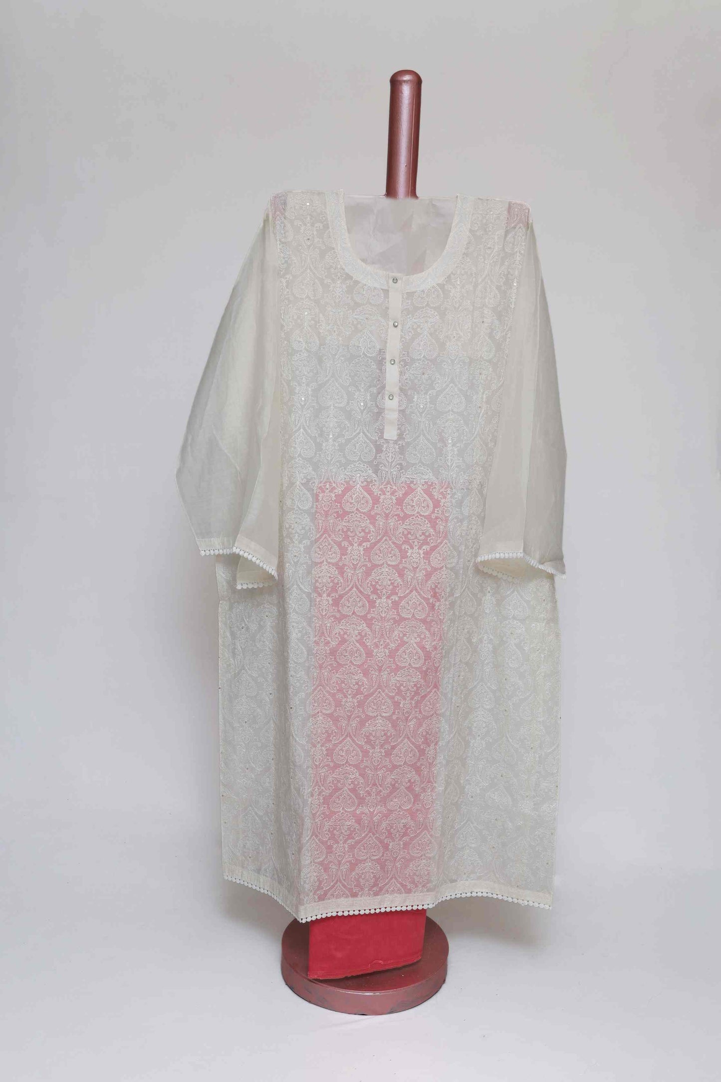 WHITE-PEACH PINK CHANDERI  EMBROIDERED  SEMI STITCHED SUIT SET