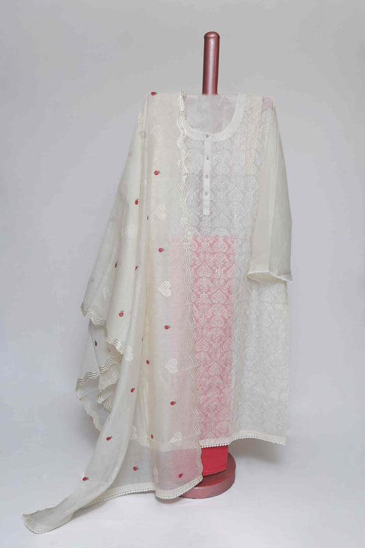 WHITE-PEACH PINK CHANDERI  EMBROIDERED  SEMI STITCHED SUIT SET