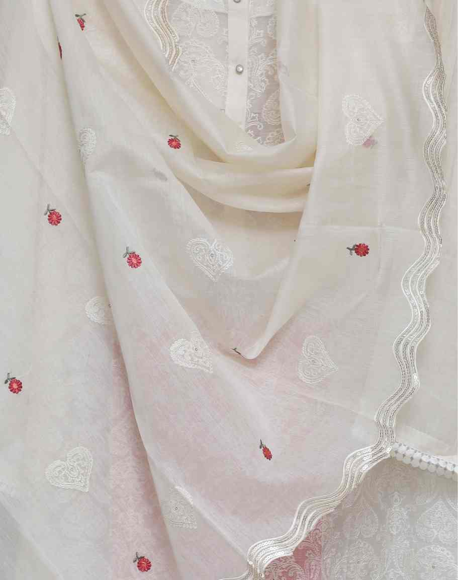 WHITE-PEACH PINK CHANDERI  EMBROIDERED  SEMI STITCHED SUIT SET