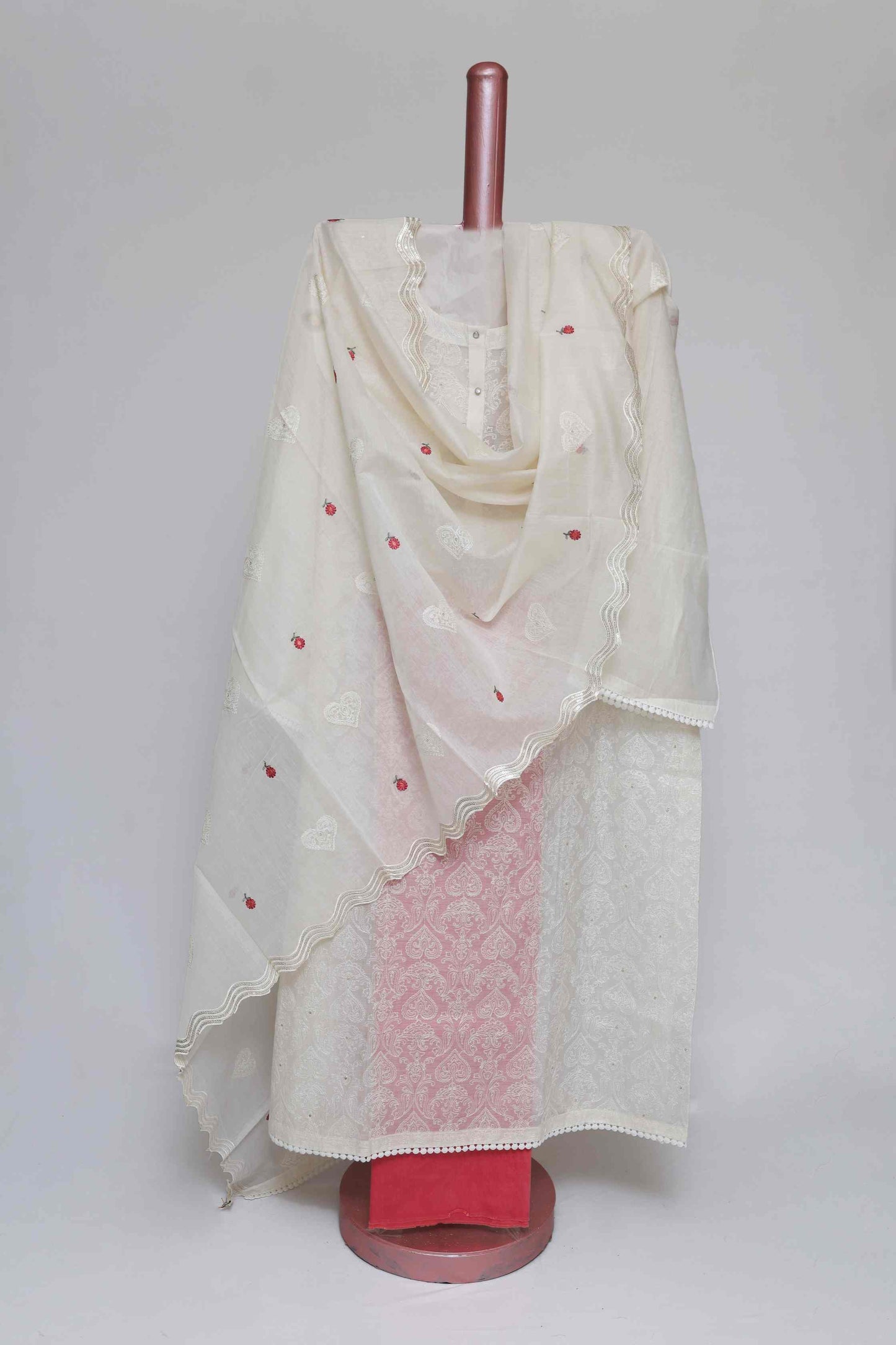 WHITE-PEACH PINK CHANDERI  EMBROIDERED  SEMI STITCHED SUIT SET