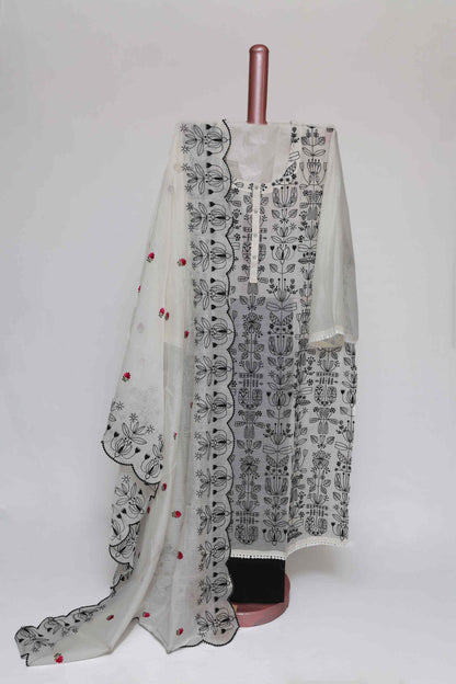 WHITE CHANDERI EMBROIDERED  SEMI STITCHED SUIT SET