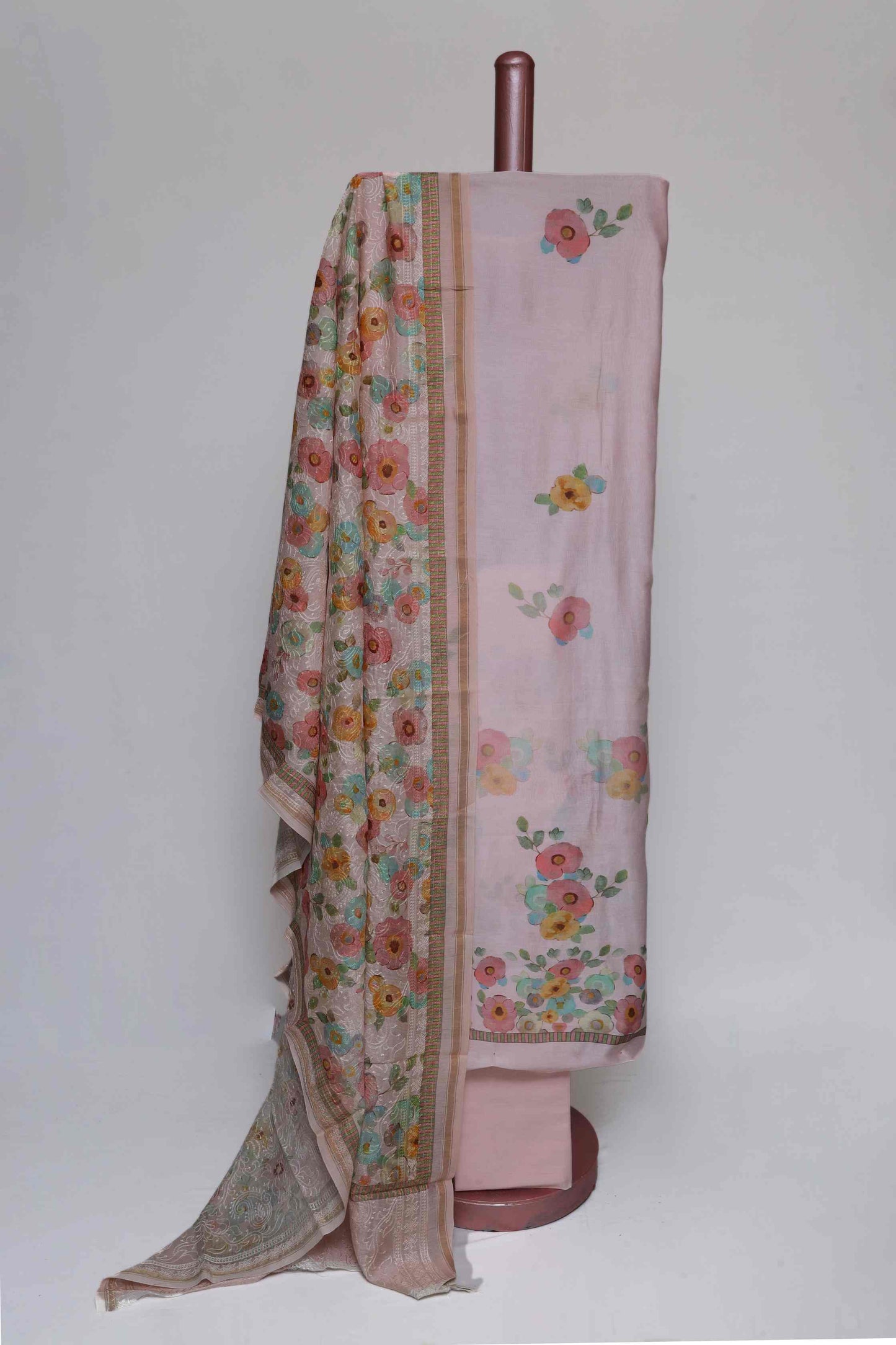PASTEL PINK PRINTED CHANDERI  & EMBROIDERED UNSTITCHED  SUIT SET