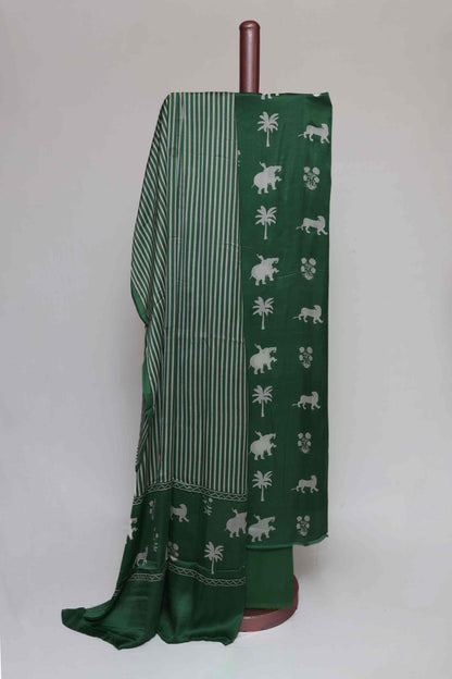 GREEN MODAL SILK PRINTED UNSTITCHED SUIT SET