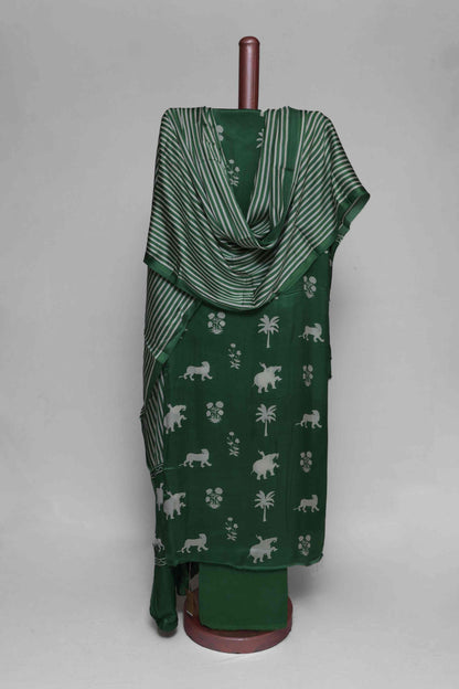 GREEN MODAL SILK PRINTED UNSTITCHED SUIT SET