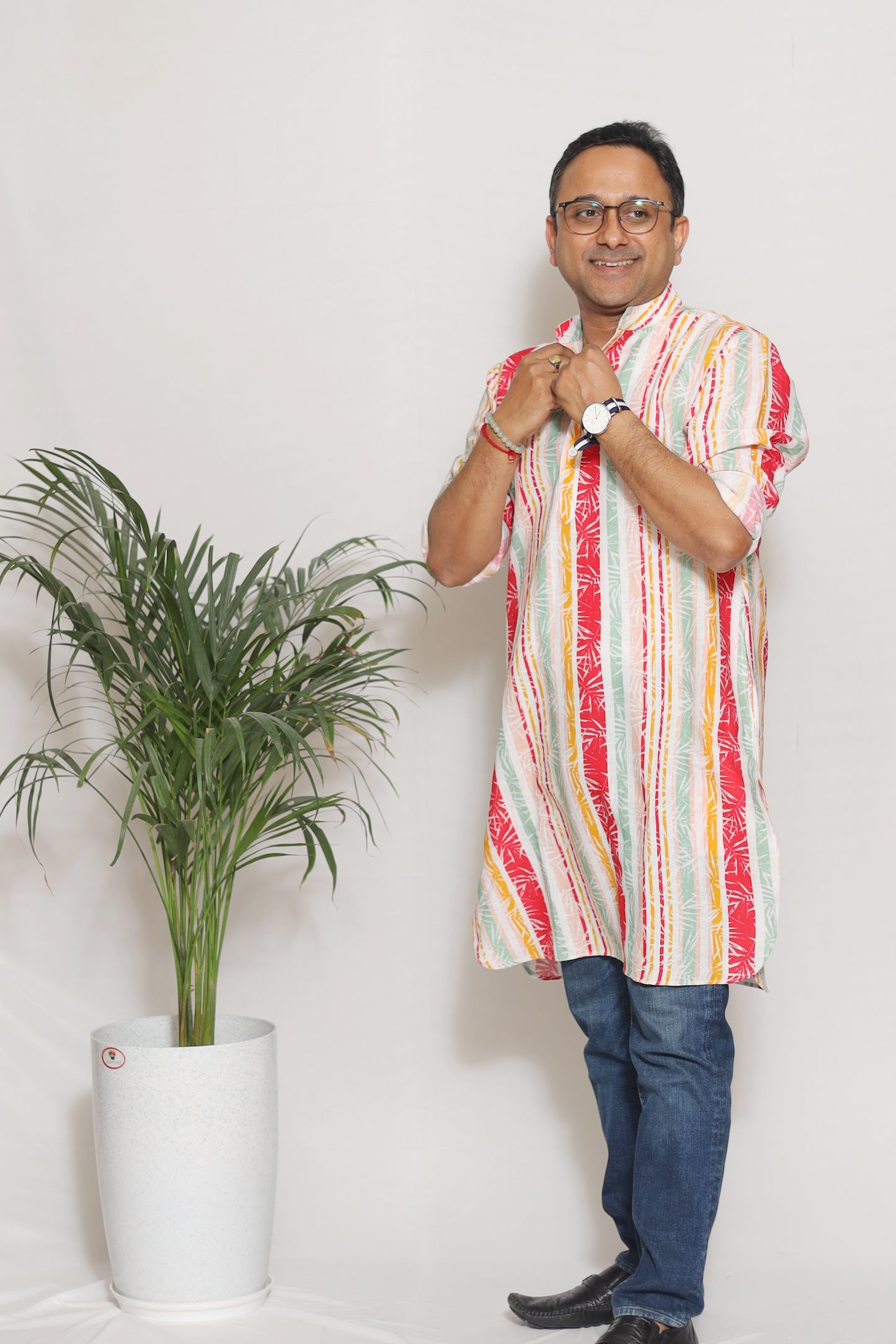 STRIPED LEAF PRINTED MEN'S KURTA