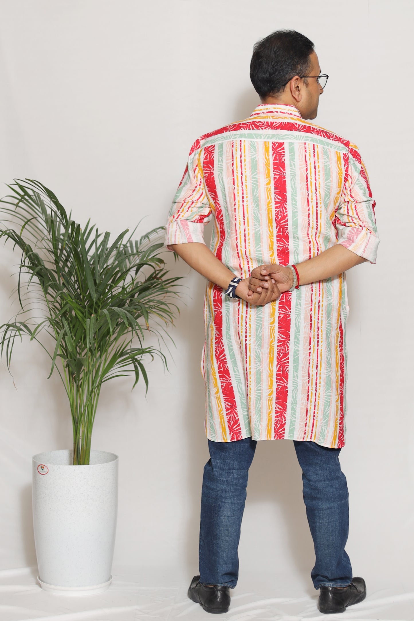 STRIPED LEAF PRINTED MEN'S KURTA