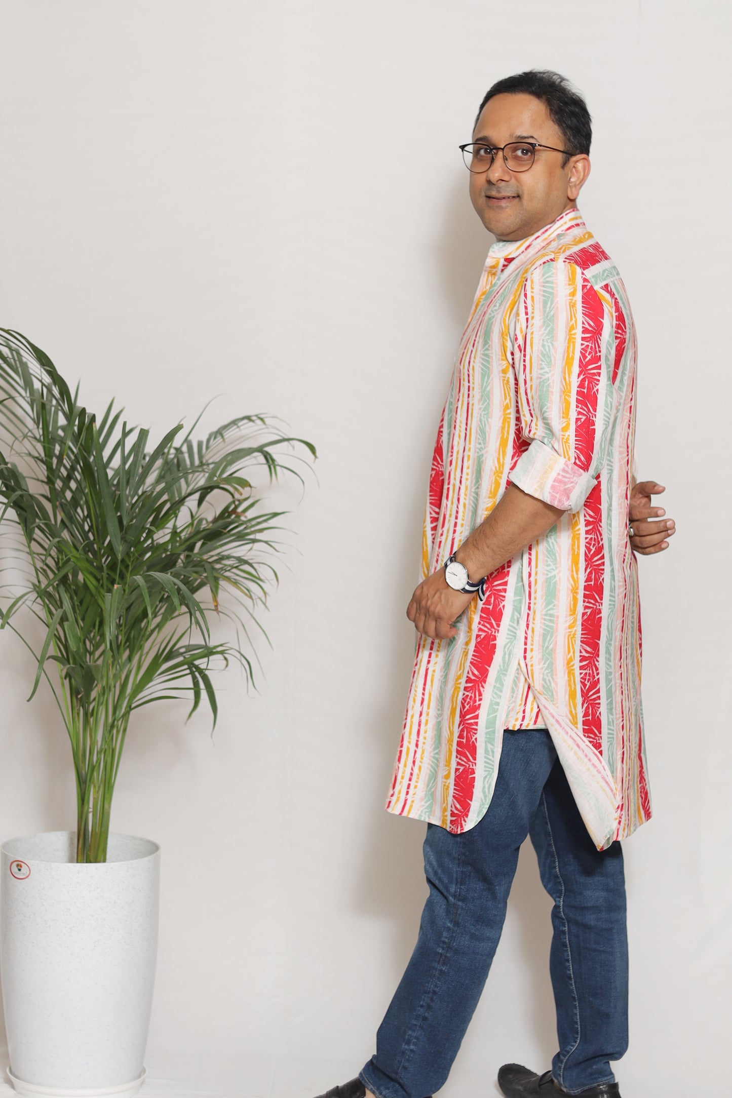 STRIPED LEAF PRINTED MEN'S KURTA