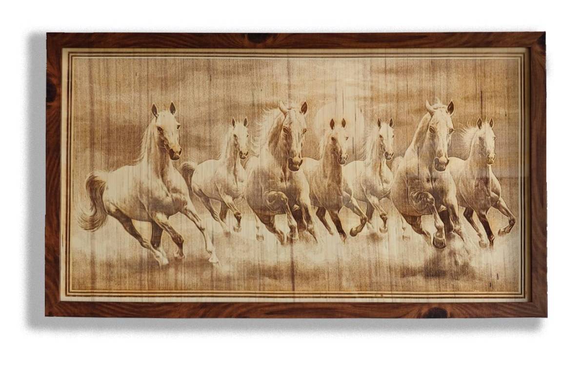 WILD STALLIONS- Seven horses wood engraved picture Frame